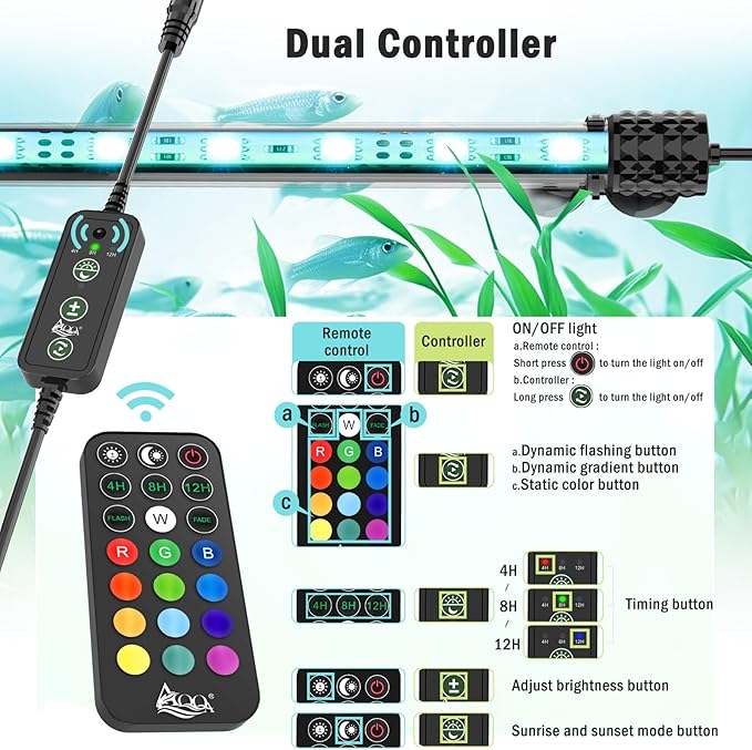 AQQA Submersible Aquarium Lights，Colorful Led RGB Fish Tank Light,Dual Controller with Timer,13 Colors,5 Brightness,Sunrise and Sunset Mode for Freshwater Saltwater (9W)