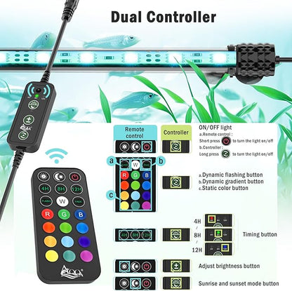 AQQA Submersible Aquarium Lights，Colorful Led RGB Fish Tank Light,Dual Controller with Timer,13 Colors,5 Brightness,Sunrise and Sunset Mode for Freshwater Saltwater (11W)
