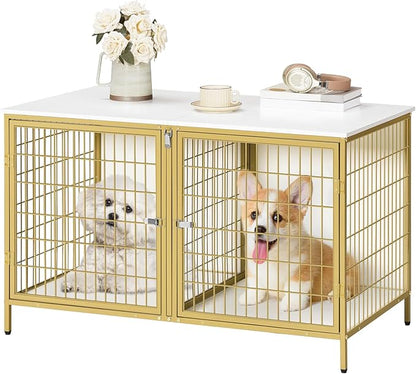 Dog Crate Furniture for 2 Dogs, 43.3" Dog Kennel with Removable Divider, Heavy Duty Wooden Dog Kennel for Small Medium Dog, Indoor Dog Cage End Table with Double Doors, White DCJW1201