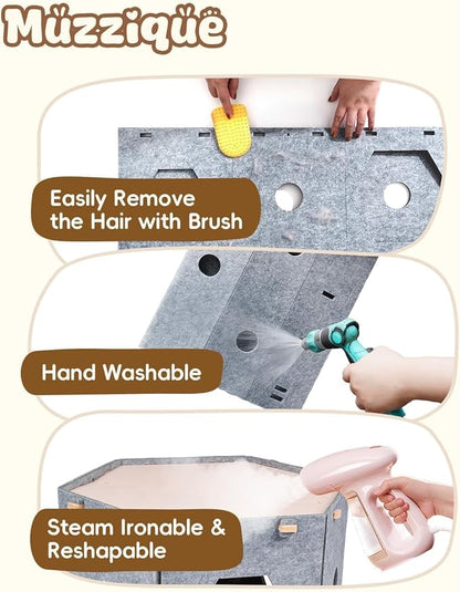 Cat Play House for Indoor Cats & Small Dogs, Muzzique Expandable Modular Felt Pet Tunnel Castle, Large Scratch Kitten Condo, Stackable Kitty Cave Platform, Sleeping Puppy Bed, XL Nest with Hair Brush