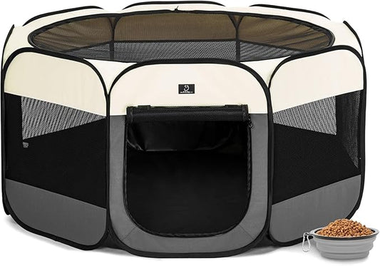 A4Pet Portable Dog Playpen, Pop Up Dog Playpen Indoor/Outdoor, Pet Playpen for Cats, Dogs - Removable Zipper & Collapsible Travel Bowl