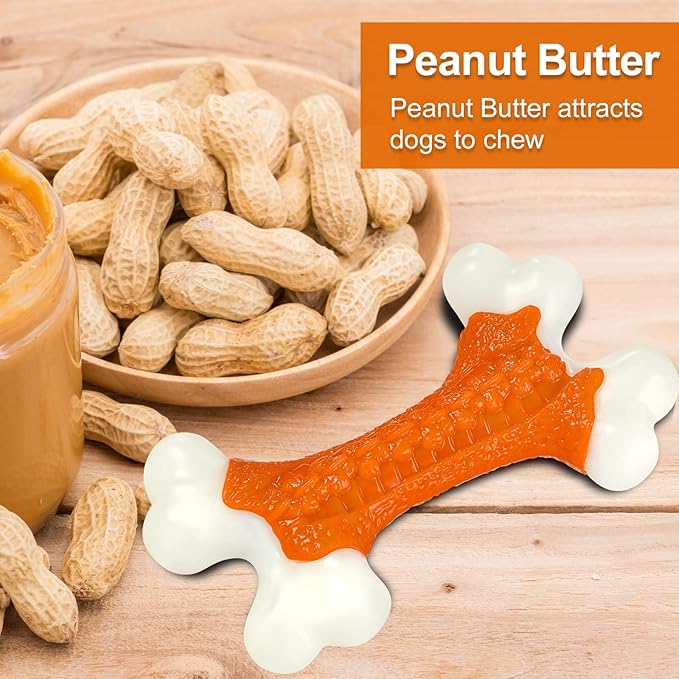 Dog Toys for Aggressive Chewers Large Breed, Tough Bones, Nylon Puppy Teething Chew Toys Medium Dogs, Heavy Duty Peanut Butter Flavor Toys