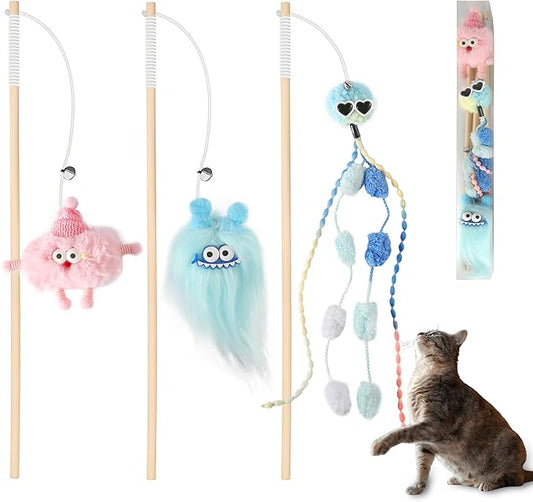 Elastic Cat Wand Toy Funny Interactive Plush Cat Fishing Pole Toy with Bell Soft Natural Wood Kitten Teaser Wand for Indoor Cats Kittens Bored Cats (3 Pack)