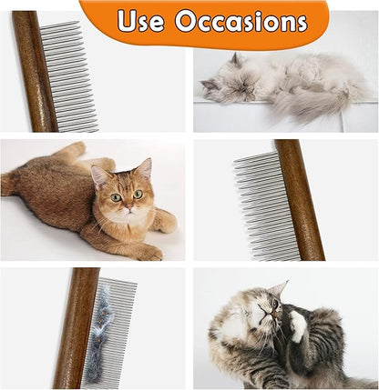 3 Pack Solid Wood Cat Combs, Stainless Steel Teeth for Cat Dog Rabbit Massage, Flea Lice Comb Removes Mats, Tangles and Loose Fur, Grooming Comb for Small Medium Pets
