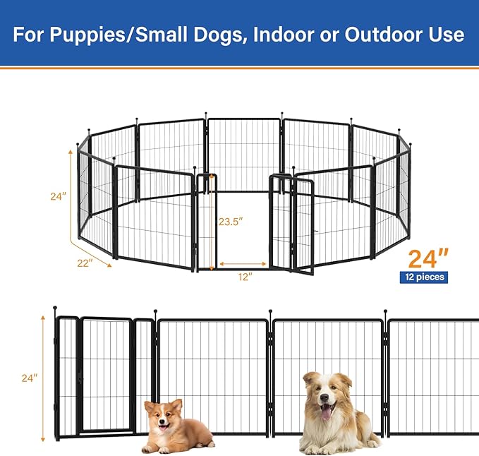 Dog Playpen for Indoor & Outdoor Use  Heavy-Duty Metal Pet Fence with Ground Stakes, Rounded Ball Tops for Safety, Stable & Foldable Design, Easy to Assemble 24 inch 12 Panels