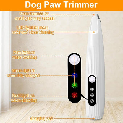 Dog Paw Trimmer, Saffory Trimmer with LED Light for Precision Trimming, Pet Electric Shaver for Small Cats, Dogs Paw Hair, Ears, Face, Rump and Eyes Grooming Kit