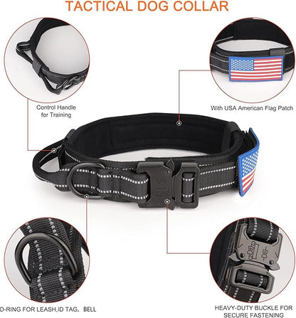 KCUCOP Tactical Dog Collar, Heavy Duty Dog Collar with Handle and Metal Buckle, Military Thick Dog Collars for Medium and Large Dogs(Black-Reflective Set-XL, 1 Patch)