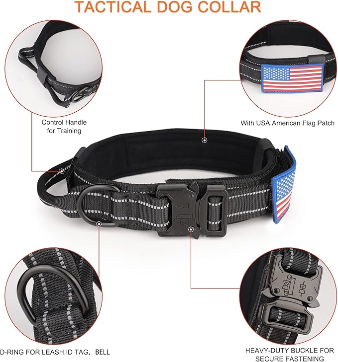 KCUCOP Tactical Dog Collar, Heavy Duty Dog Collar with Handle and Metal Buckle, Military Thick Dog Collars for Medium and Large Dogs(Black-Reflective Set-L, 1 Patch)
