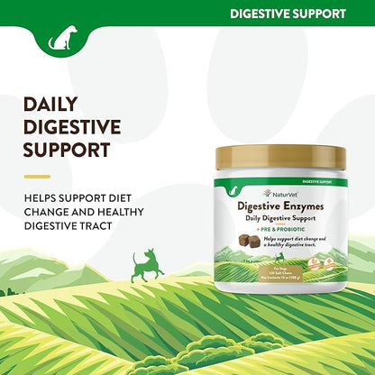 NaturVet  Digestive Enzymes - Plus Probiotics & Prebiotics  Helps Support Diet Change & A Healthy Digestive Tract  for Dogs & Cats (Soft Chews, 120 Count)