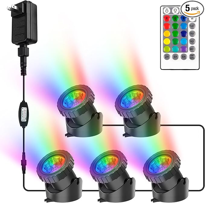 RGB Pond Lights with Timer, Super Bright LED Underwater Submersible Colorful Landscape Spotlights, Remote Control IP68 Waterproof Fountain Lights for Fish Aquarium Tank Garden Yard (Set of 5)