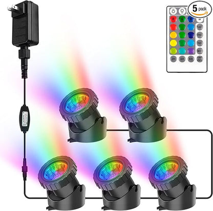 RGB Pond Lights with Timer, Super Bright LED Underwater Submersible Colorful Landscape Spotlights, Remote Control IP68 Waterproof Fountain Lights for Fish Aquarium Tank Garden Yard (Set of 5)