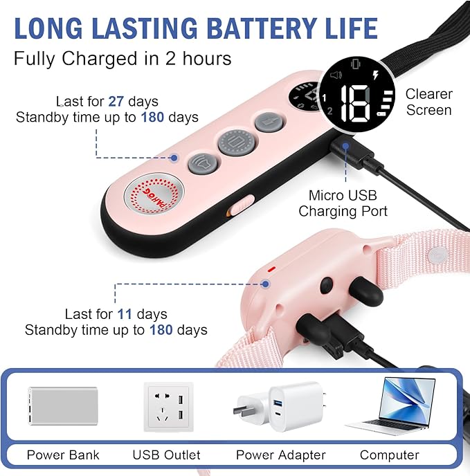 Dog Shock Collar for 2 Dogs, PAHOG 1000FT Electric Dog Training Collars for 8-120lbs Small Medium Large Dogs, Rechargeable IPX7 Waterproof E Collar with Beep, Vibration, Safe Shock Modes - Pink