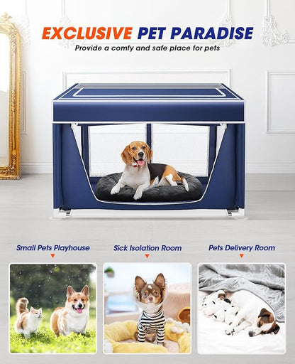 Dog Playpen 42 _ 42 Inch,Breathable Puppy PlayPen with Gate and Removable Cover,Thickened Oxford Fabric Dog Play Pen for Indoor & Outdoor,Safe and Sturdy Pet Fence(Blue White)