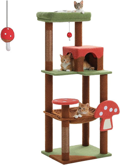 PETEPELA 56.3 Inches Mushroom Cat Tree Tower with Cute Mushroom Cat Scratching Board, Cat Condo, Extra Large Hammock and Plush Perches, Brown