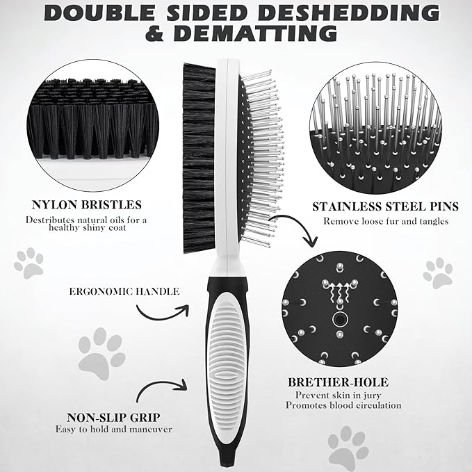 2PCS Pet Grooming Tools - Double-Sided Brush for Shedding and Bathing, Suitable for Short/Long Haired Dogs Cats and Horses, Deshedding Dog Brush, Mane & Tail Combs for Horses - Pet Supplies (White)