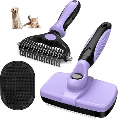 3PCS Self Cleaning Slicker Brush & Pet Grooming Rake & Bath Brush for Dogs,Cats and Horses | Double-Sided Dematting Comb & Skin Friendly Deshedding Grooming Tool | Pet Supplies(Light Purple Black)