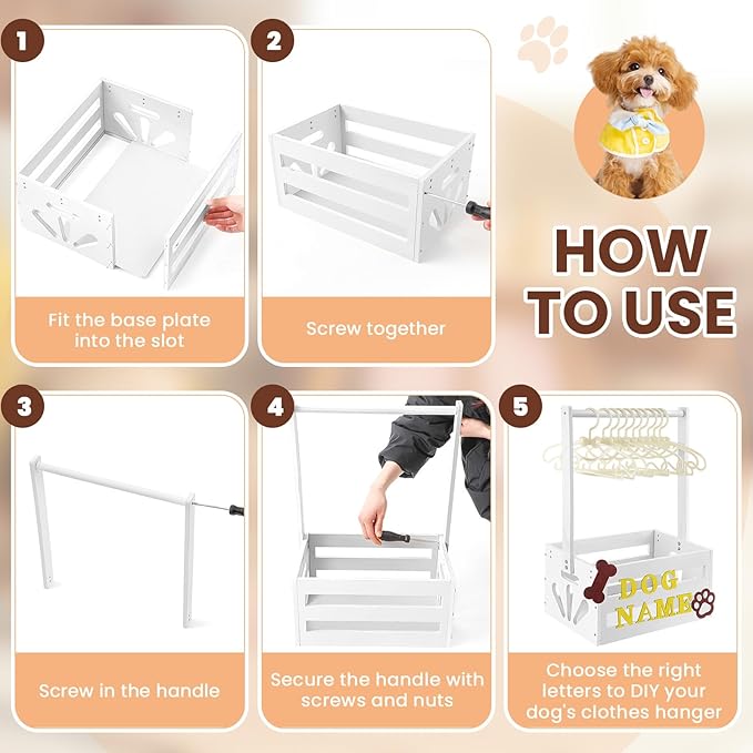 20" x 13" x 9" Wooden Pet Wardrobe Closet Crate Box with Hanging Rods and Personalized Pet Alphabet Letters Easy Assembly Baskets for Dog Cat Toys Clothes Accessories (White)