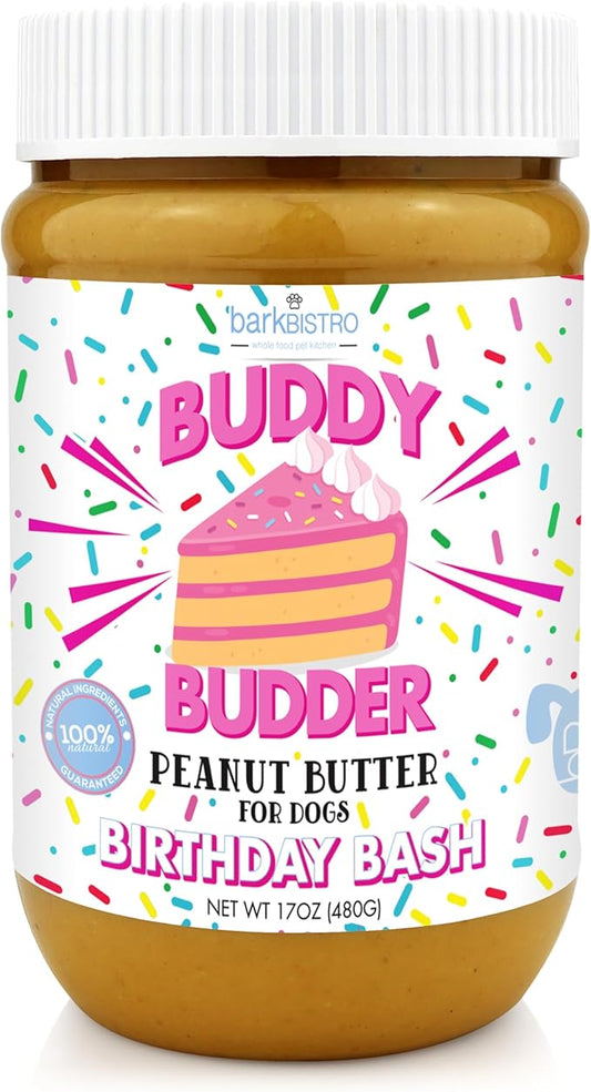BUDDY BUDDER Bark Bistro Company Birthday Bash, 100% Natural Dog Peanut Butter, Healthy Peanut Butter Dog Treats, Dog Birthday, Dog Pill Pocket, Made in USA (17oz Jars)