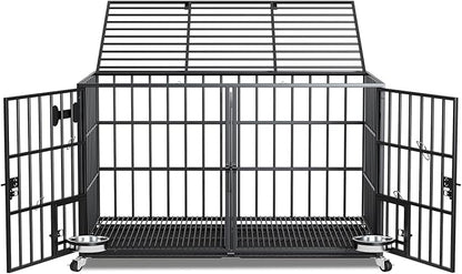 54 inch XL Dog Crate for Large Dog/Double Medium Dogs,Heavy Duty Metal Dog Cages,All Metal Open Top,Dog Kennel Indoor with Wheels,Floor Grid, Tray, Divider and Feeding Bowl