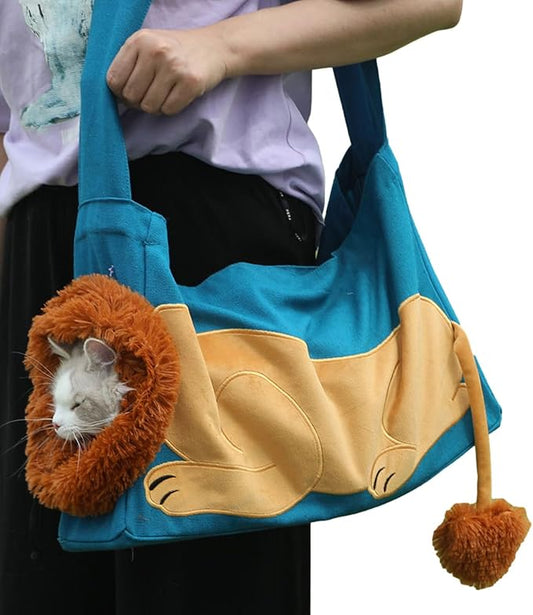 Dog Carrier Sling Lion-Shaped Pet Canvas Bag Cat Shoulder Bag Pet Body Holder for Daily Use Walking Travel Outdoor, Acid Blue L
