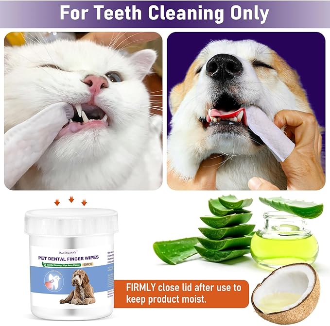 HavenJanny 50pcs Pet Teeth Cleaning Wipes for Dogs and Cats, Dog Dental Wipes for Reducing Plaque and Freshening Breath, Disposable Gentle Cleaning and Gum Care