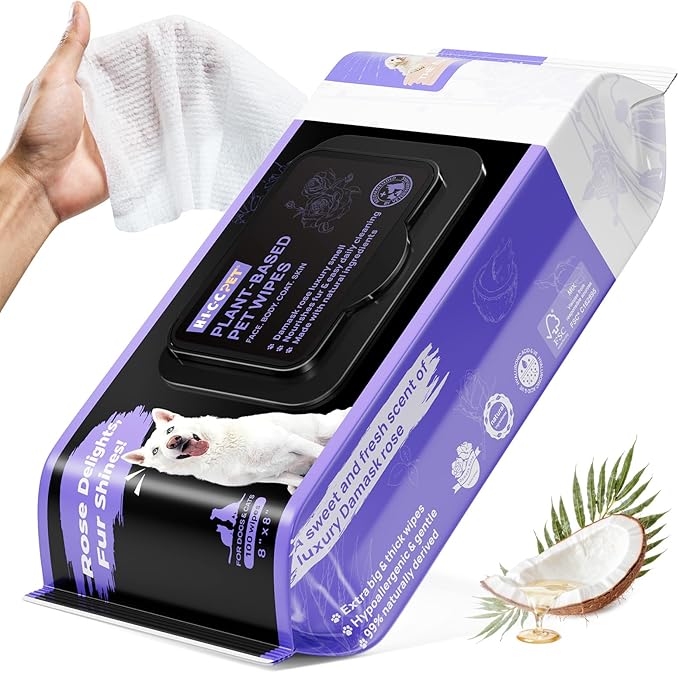 HICC PET Cleaning Deodorizing Wipes for Dogs & Cats, Vet Recommended Nourishes Smoothes Fur Pet Grooming Wipes with Fermented Coconut Oil, Hypoallergenic Dog Wipes for Paws and Butt, Face, Body