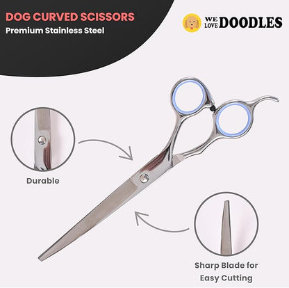Dog Grooming Scissors Kit - Best Tools for Goldendoodles, Poodles & Doodles - Straight, Curved & Thinning Shears - Golden Doodle Grooming Kit - Professional Grade Steel, 4 Pc Set (Long Silver)