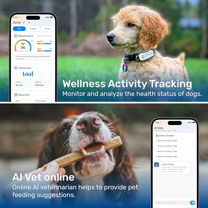 AI GPS Tracker for Dogs (30lbs+), Real Time Location and AI Vet Health Management, Electronic Fence, Waterproof, iOS and Android Universalï¼_hiteï¼