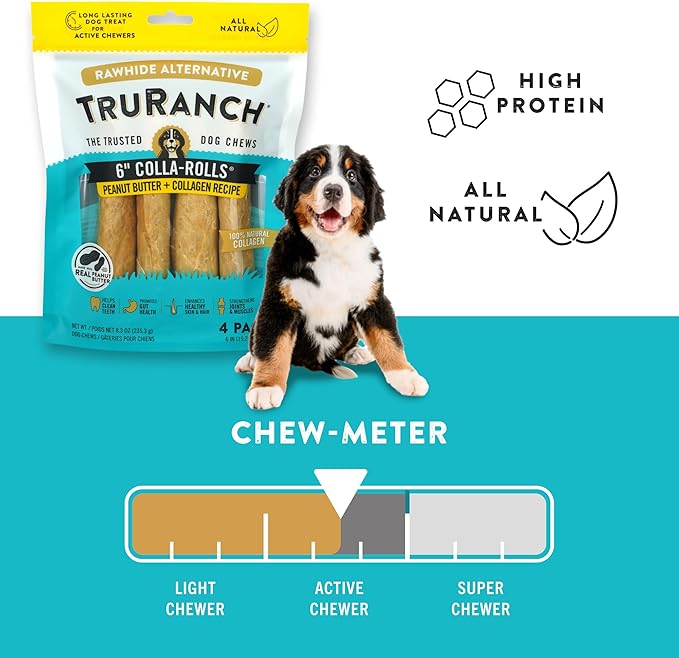 TRURANCH Collagen Rolls - 6" Collagen Rolls for Dogs - Long Lasting Healthy Joint Support Dog Treat - Rawhide Alternative - Skin & Coat Health - Made with Real Peanut Butter, 1 Bag, 4 Count