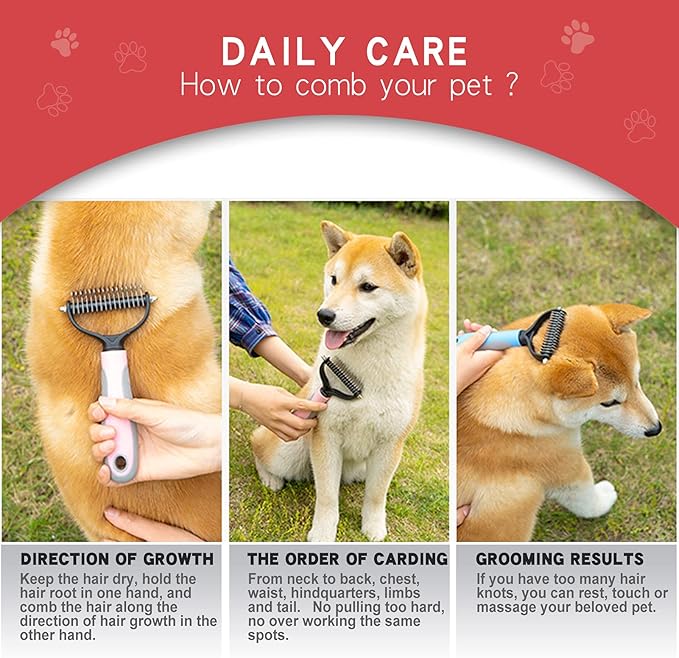 GOESWELL Dog brush for shedding Undercoat Rake for Dogs & Cats - Double Sided Brush for Dematting Comb Grooming Tool kit - Nail Clippers & Nail File (Pink(3 Pack))