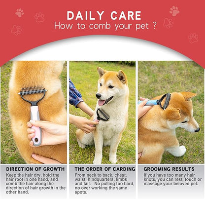 GOESWELL Dog brush for shedding Undercoat Rake for Dogs & Cats - Double Sided Brush for Dematting Comb Grooming Tool kit - Nail Clippers & Nail File (Pink(3 Pack))