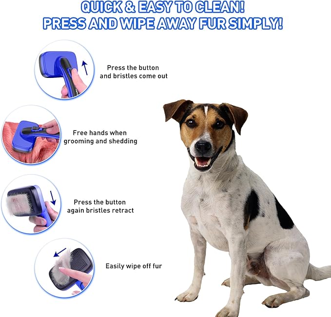 Dogs Cats Self Cleaning Slicker Brush for Shedding & Grooming Any Breed of Pets, Removes Loose, Undercoat, Mats, Tangled Hair for Small Medium Large Animal With Long Short Fur Length, Blue