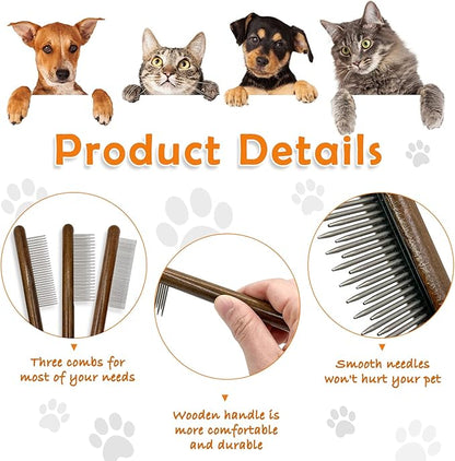 3 Pack Solid Wood Cat Combs, Stainless Steel Teeth for Cat Dog Rabbit Massage, Flea Lice Comb Removes Mats, Tangles and Loose Fur, Grooming Comb for Small Medium Pets