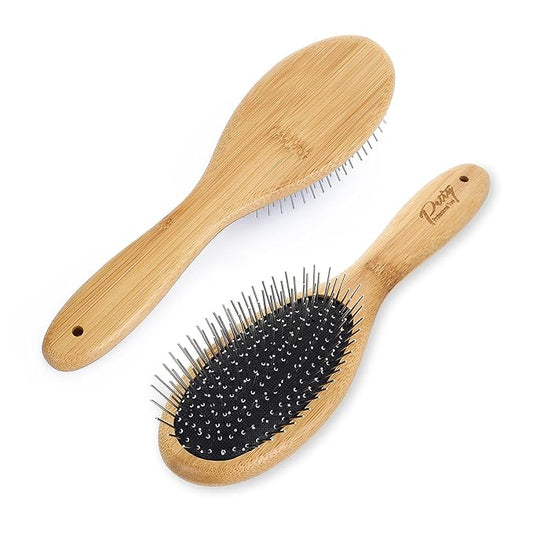 Dog Pin Brush, Airbag Grooming Wooden Comb Pet 20mm Stainless Steel Round Pin Slicker Brush with Bamboo Handle for Removing Shedding Tangles Dead Undercoat