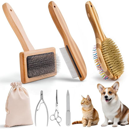 Dog Grooming Brush Kit,Deshedding Dog Brush for Shedding Short Hair Dogs with Pet Nail Clipper and File, Two Sided Pet Brushes for Dogs Removing Dirt & Loose Hair(7PCS) RAINBOW