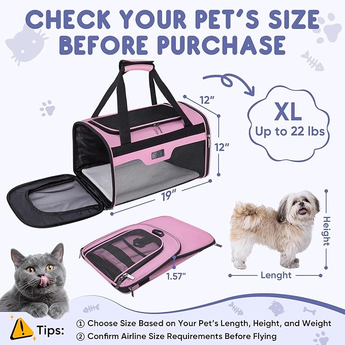 BALEINE Cat Carrier, Puppy Dog Carrier for Small Medium Pets Up to 22 Lbs, Soft-Sided Dog Travel Bag with Safety Zippers, Collapsible Pet Carrying Case (Pink, XL, 19"x12"x12")