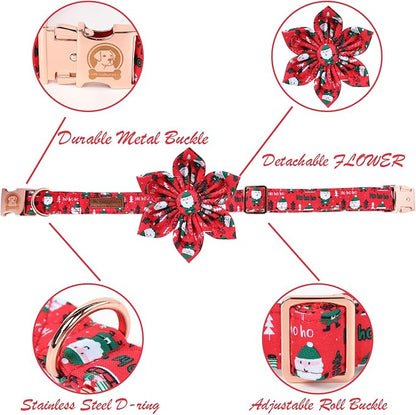 MR. CHUBBYFACE Christmas Santa Dog Collar with Flower, Red and Green Cotton Dog Collars,Adjustable Christmas Dog Collars with Bowtie for Puppy Small Medium Large Dogs