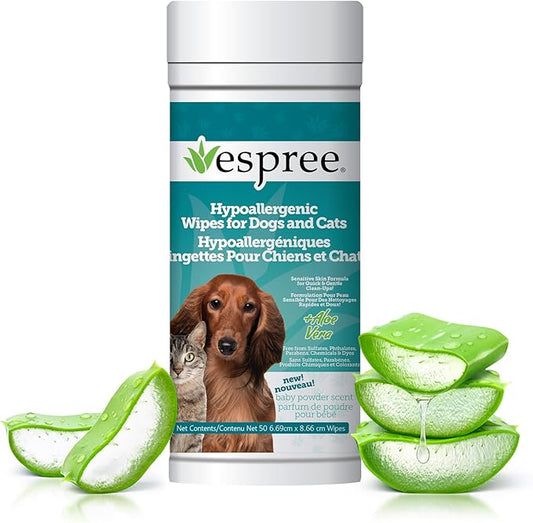 Espree Pet Hypoallergenic Aloe Wipes, Cleaning and Odor-Controlling Grooming Wipes for Paws, Cat Grooming, Dog Care, Perfect for Puppy and Adult Dogs, Fresh Baby Powder Scent, 50 Count