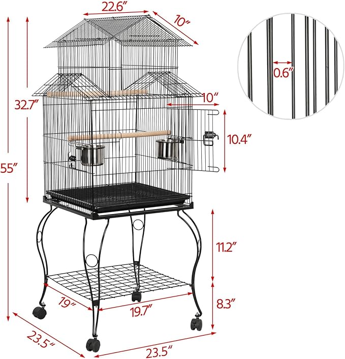 Yaheetech Budgie Cage 55-inch Rolling Standing Triple Roof Medium Parrot Cage Pet Bird Cage with Detachable Stand for Cockatiels Sun Parakeets Green-cheeked Conures Macaw
