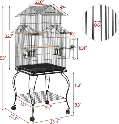 Yaheetech Budgie Cage 55-inch Rolling Standing Triple Roof Medium Parrot Cage Pet Bird Cage with Detachable Stand for Cockatiels Sun Parakeets Green-cheeked Conures Macaw