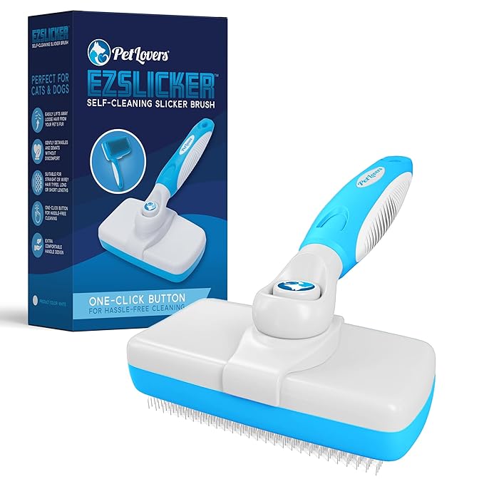 PetLovers EzSlicker Self-Cleaning Brush - Dog Brush for Shedding, Gentle Slicker Brush for Cats, Tangle-Free Grooming Comb with Soft Bristles & Ergonomic Handle for Stress-Free Grooming