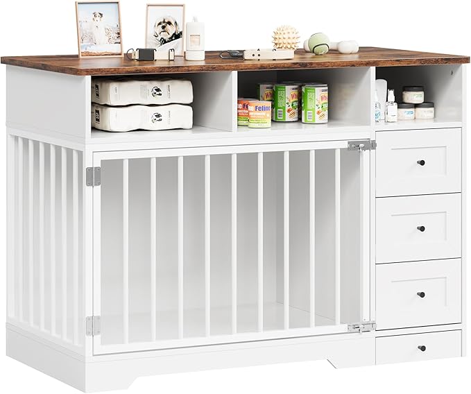 Dog Crate Furniture for Small Dogs, Wooden Dog Kennel Indoor with Storage Shelves, 3 Drawers & Hidden Bowl, Modern Pet Cage Side End Table, up to 120 lb, 48" L, Steel Lock, White