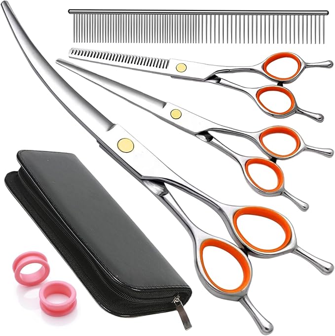 AIRY 7.5-in Professional Dog Grooming Scissors Set - Premium Stainless Steel Scissors Kit Including Straight Cutting, Thinning Shears, Curved Scissors,Comb and Storage Bag,Pet Grooming Kit for Dogs