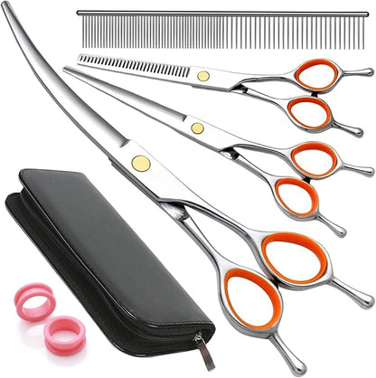 AIRY 7.5-in Professional Dog Grooming Scissors Set - Premium Stainless Steel Scissors Kit Including Straight Cutting, Thinning Shears, Curved Scissors,Comb and Storage Bag,Pet Grooming Kit for Dogs