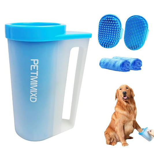 Dog Paw Washer with Handle, Absorbent Towels & Adjustable Bath Brush for Short and Long Hair, Muddy Pet Foot Cleaner (Blue, Large)