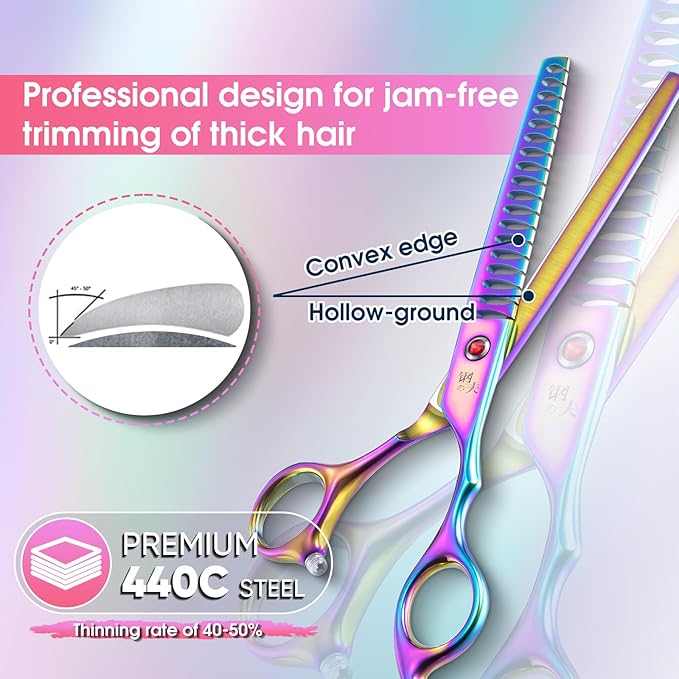 7" Chunker Shears Dog Grooming Rainbow, Thinner Blender Shears for Medium and Big Pets, Japanese Stainless Steel 440C Fur Trimming Scissors for Novice and Professional Groomers