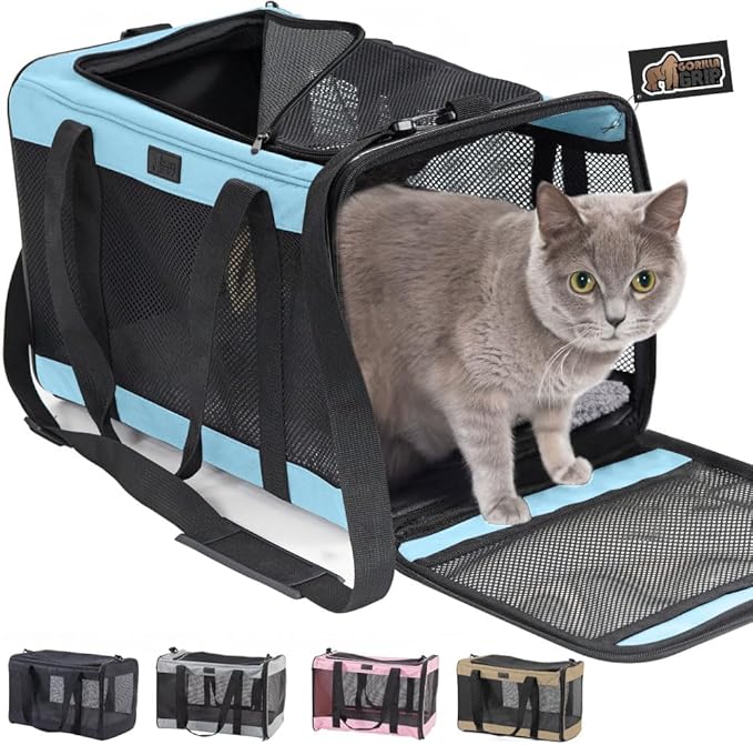 GORILLA GRIP Cat Carrier Travel Bag Up to 15 Lbs, Soft Collapsible Small Dog Carriers, Top and Side Entry Breathable Mesh, Grip Feet on Underside, Cozy Washable Waterproof Pad, Portable Kennel, Blue