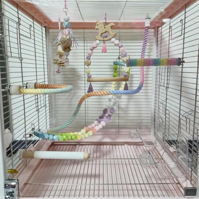 2Pcs Gradient Bird Rope Perch Stand Bird Cage Climbing Rope Toys Accessories of M5*30mm Screw for Cockatiels Lovebird Parakeet Budgies Sugar Gliders Hemp Swing(31.4'' & 14'')