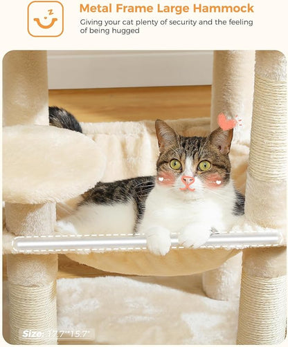 Cat Tree for Indoor Cats, 45.7" Multi-Level Cat Tower with Large Metal Frame Hammock, Cat Condo with 4 Scratching Posts and Top Perch for Small Medium Cat, Beige