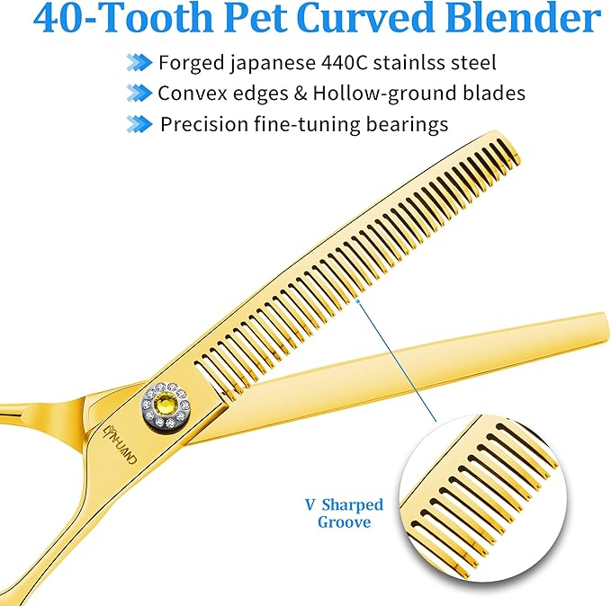 7" Professional Curved Thinning Scissors for Dog Grooming Sharp Blades Blending Shears Dog Grooming Scissors Japan 440C Stainless Steel Smooth Motion & Fine Cutting(Gold)